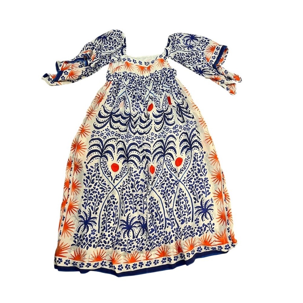Farm Rio Midi Dress Womens M Blue White Orange Tropical Floral Square Neck - Picture 3 of 6